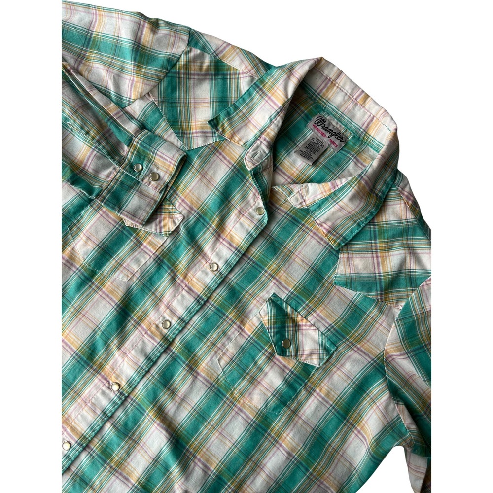 Wrangler Western Plaid Pearl Snap Shirt Women XL Green White Yellow Ranchers